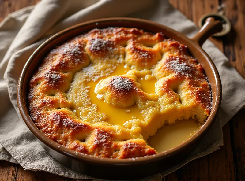 Overhead shot of a golden-brown panettone bread and butter pudding in a ceramic baking dish, dusted with powdered sugar.
