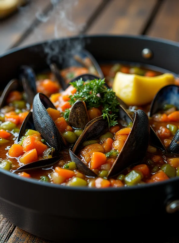 Close-up of a pot of steamed mussels with sauteed vegetables, garnished with fresh herbs and a lemon wedge.