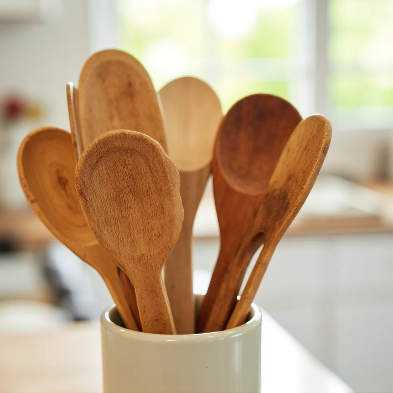 A close-up shot of wooden spoons of varying sizes and shapes, some slightly worn, resting in a utensil holder in a bright kitchen.