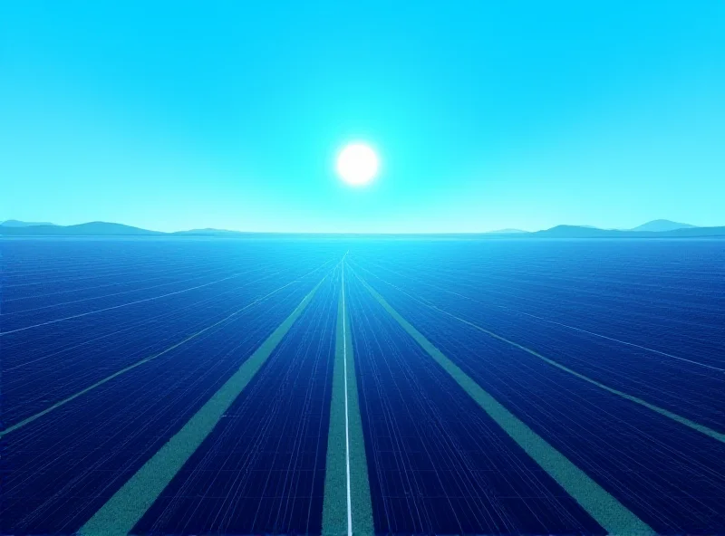 Illustration of a modern solar farm with rows of solar panels stretching into the distance under a clear blue sky.