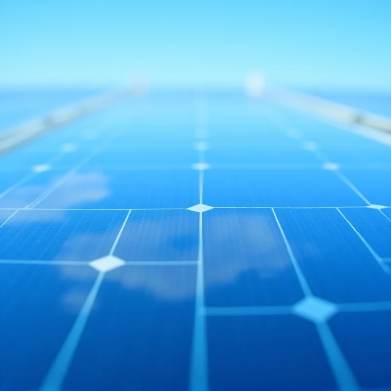 Close-up shot of a solar panel reflecting the blue sky and clouds above.