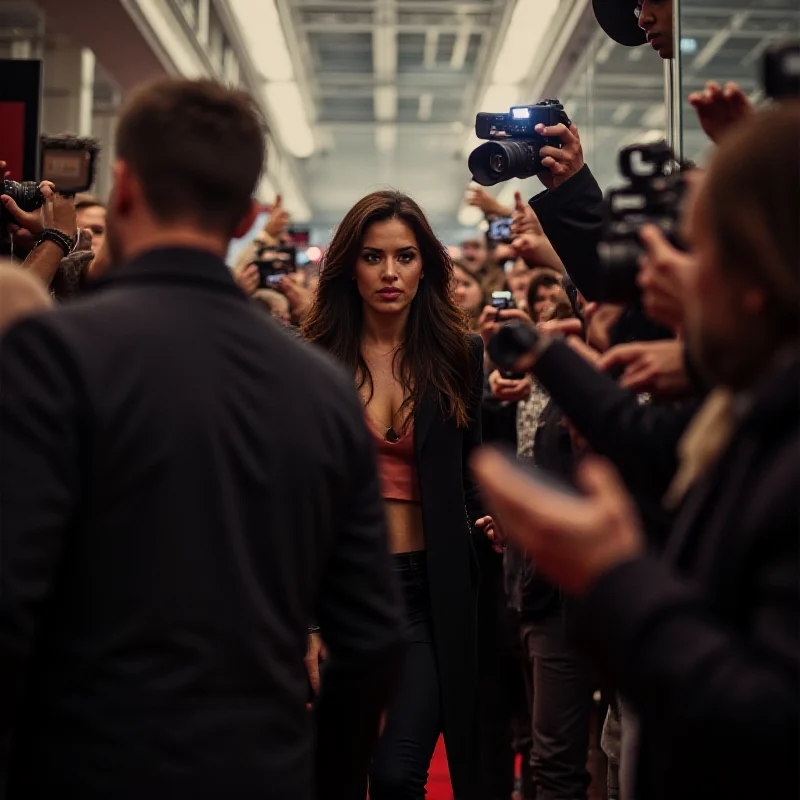A paparazzi photo of Jenna Ortega being escorted through a crowd of fans by Miles Teller