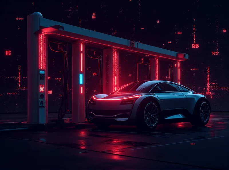 Stylized image of a charging station overlaid with binary code and a warning symbol.
