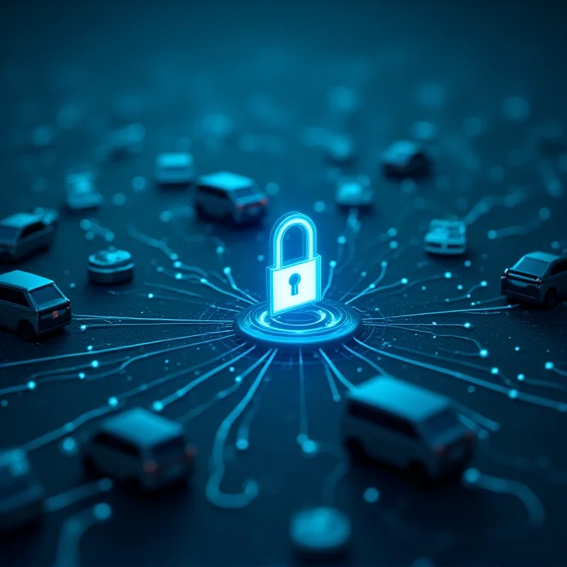 A graphic depicting a network of electric vehicles and charging stations connected by data streams, emphasizing the need for cybersecurity.