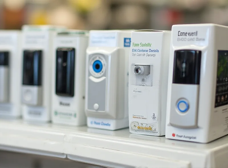 Various video doorbells displayed on a shelf.
