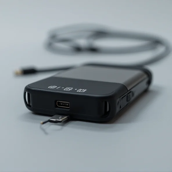 A close-up shot of the Anker Zolo power bank, highlighting its compact size and integrated USB-C cable.
