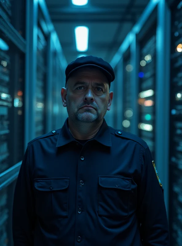 A security guard standing in front of a server room, looking concerned.