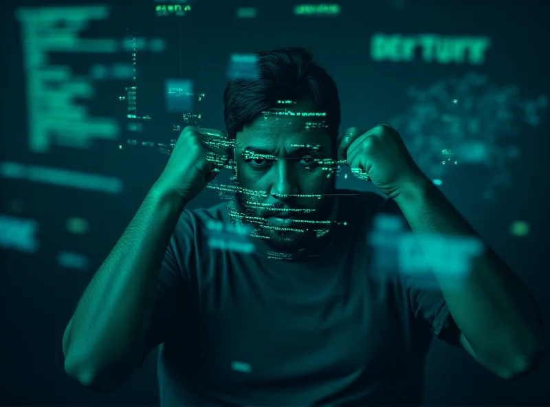 A person looking thoughtfully at a holographic display showing lines of code and data streams, representing cyberterrorism or technological manipulation