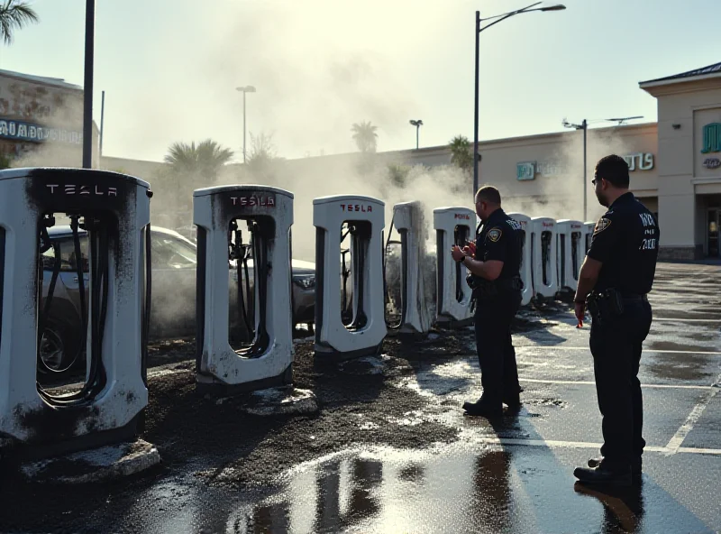 Burnt Tesla EV chargers after a fire in Littleton, Colorado