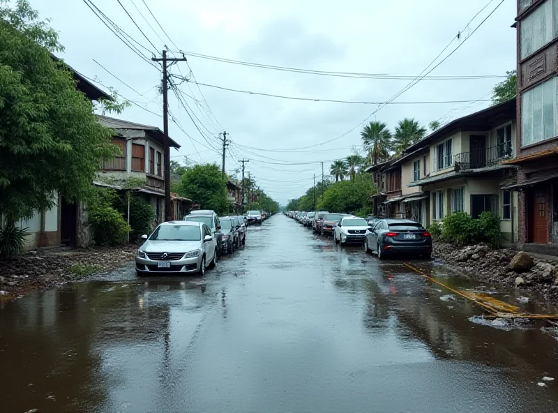 A flooded street in Reunion Island after Cyclone Garance, with damaged buildings in the background.