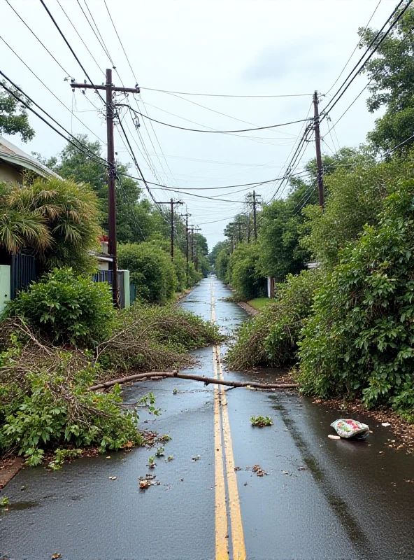 Uprooted trees and debris scattered across a residential street in Reunion Island following Cyclone Garance.