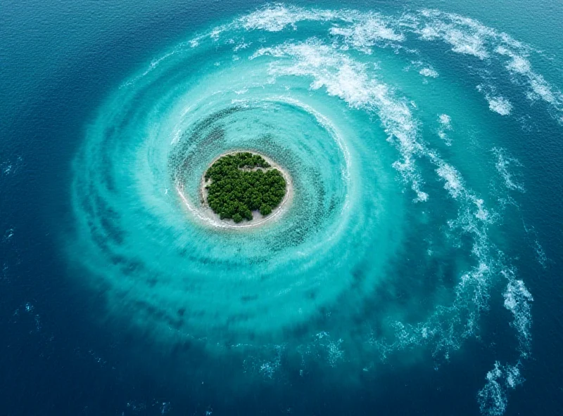 Satellite image of a swirling cyclone approaching an island.