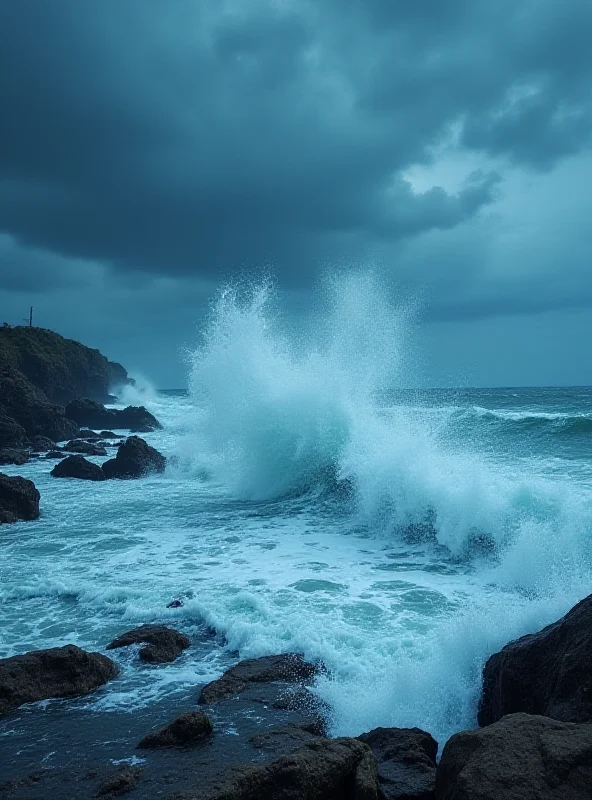 A coastal scene with large waves crashing against the shore during a storm.