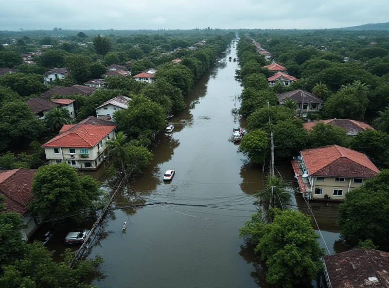 Aerial view of flooded streets and damaged buildings on Réunion Island after Cyclone Garance.