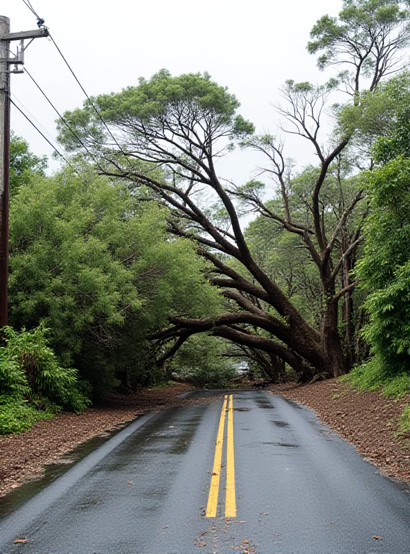 A close-up shot of an uprooted tree blocking a road on Réunion Island, illustrating the destructive power of Cyclone Garance.