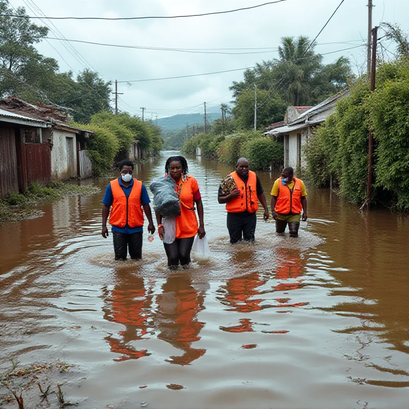 Rescuers helping residents evacuate flooded homes in Réunion, showcasing the community's resilience in the face of Cyclone Garance.