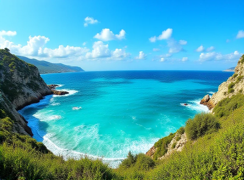 A scenic view of the Cyprus coastline with turquoise water and rocky cliffs.