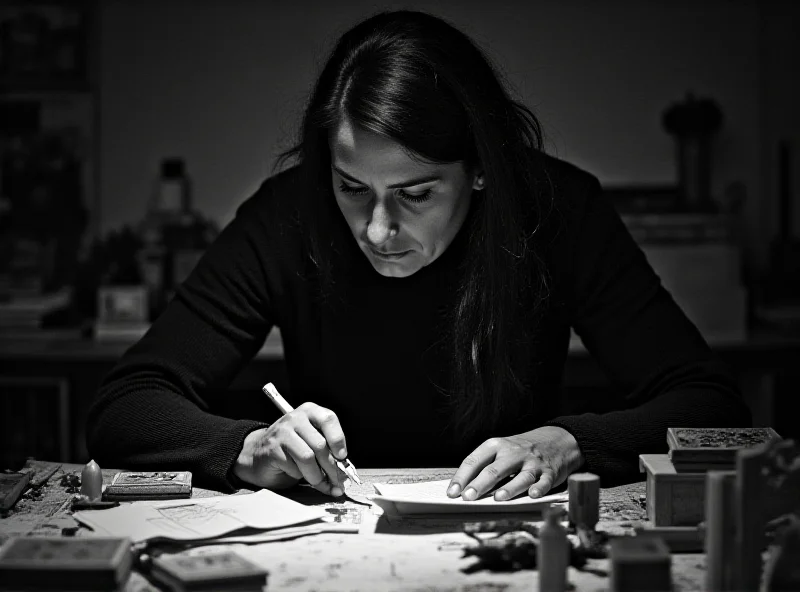 Beatrice Brentnerová working on set design, surrounded by props and sketches.