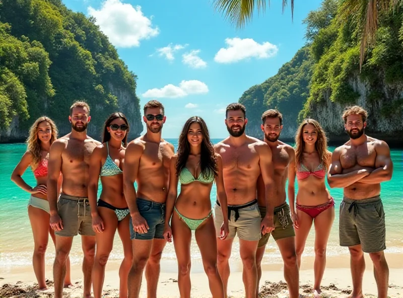 A group of contestants on Survivor Czech & Slovakia, standing in a tropical setting.