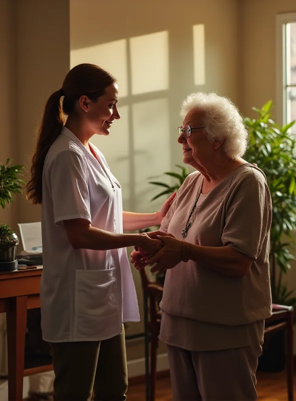 A photo of a caregiver assisting an elderly person in a senior home