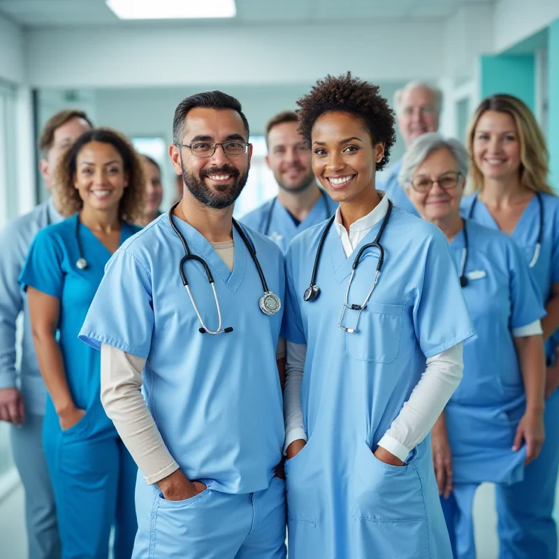 A group of diverse healthcare workers smiling and looking at the camera