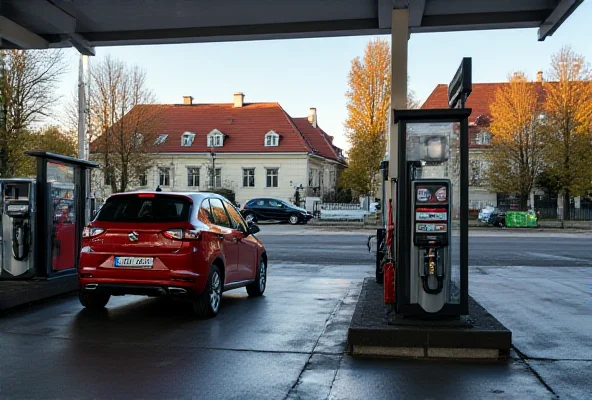 A gas station in the Czech Republic, with prices displayed on the sign.