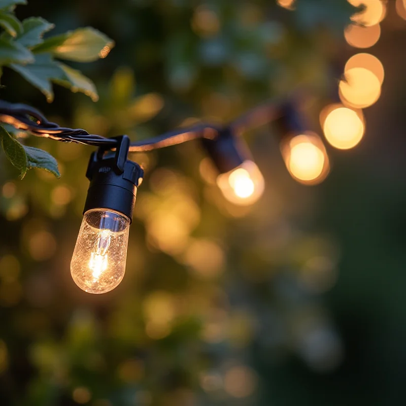 Close-up of an IKEA outdoor string light, with a warning about electrical safety.