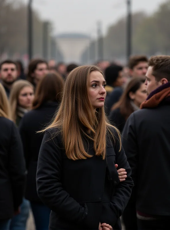A group of Czech citizens standing together, looking worried and concerned, with a blurred background representing the uncertainty of the future.