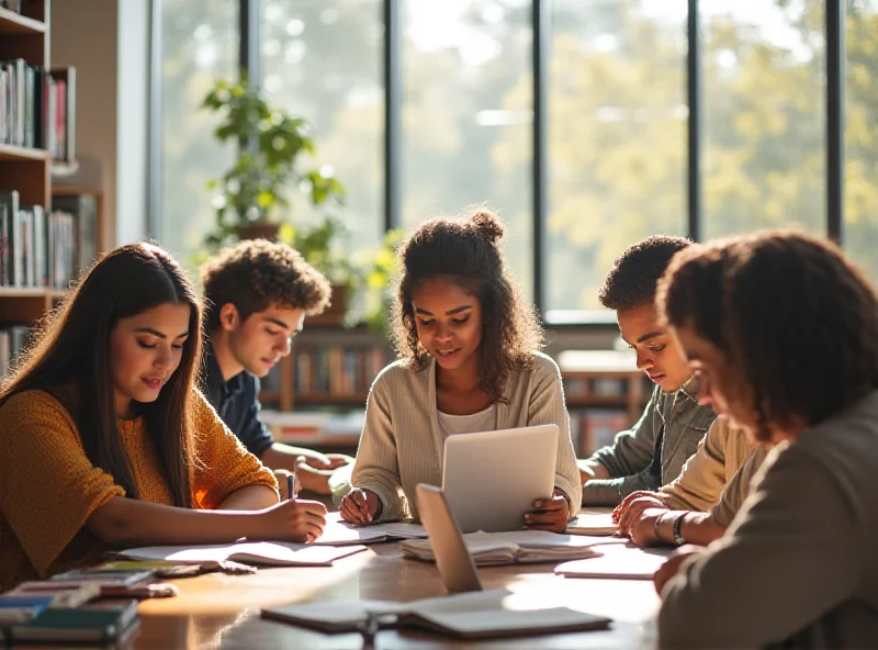 Students studying together in a library, focused on their books and laptops. Sunlight streams through the windows, creating a warm and inviting atmosphere.