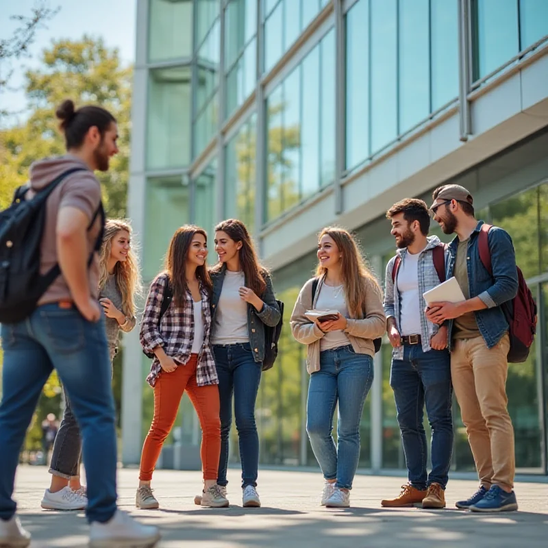 A diverse group of university students chatting and laughing outside a modern university building. The students are holding books and backpacks, and the atmosphere is relaxed and collegiate.
