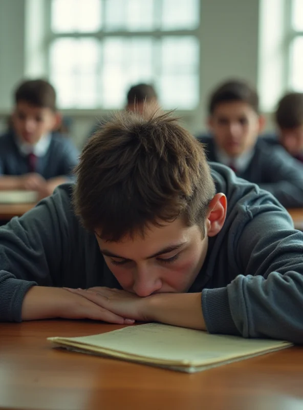 A tired student resting their head on a desk in a classroom.