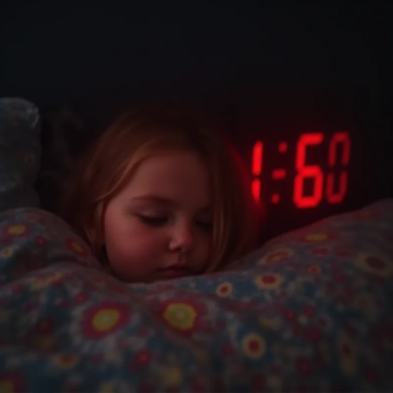 A digital clock displaying 6:00 AM with a blurred background of a child sleeping.