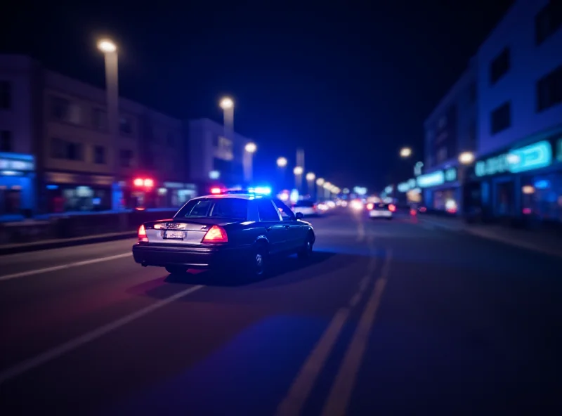 Police car with flashing lights at night.