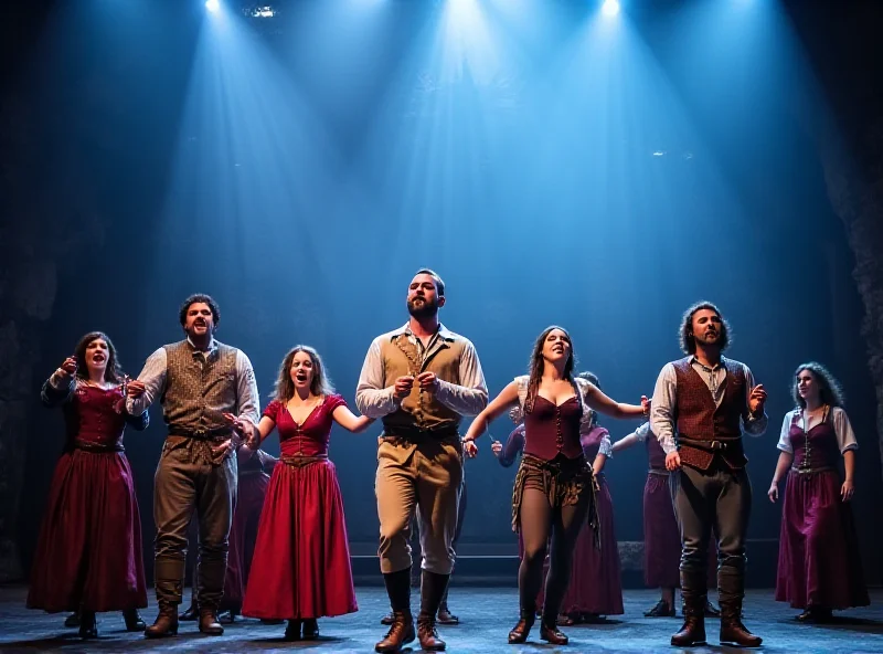 A vibrant stage scene from the musical 'Krysař', featuring a group of actors in medieval costumes singing and dancing under dramatic lighting.
