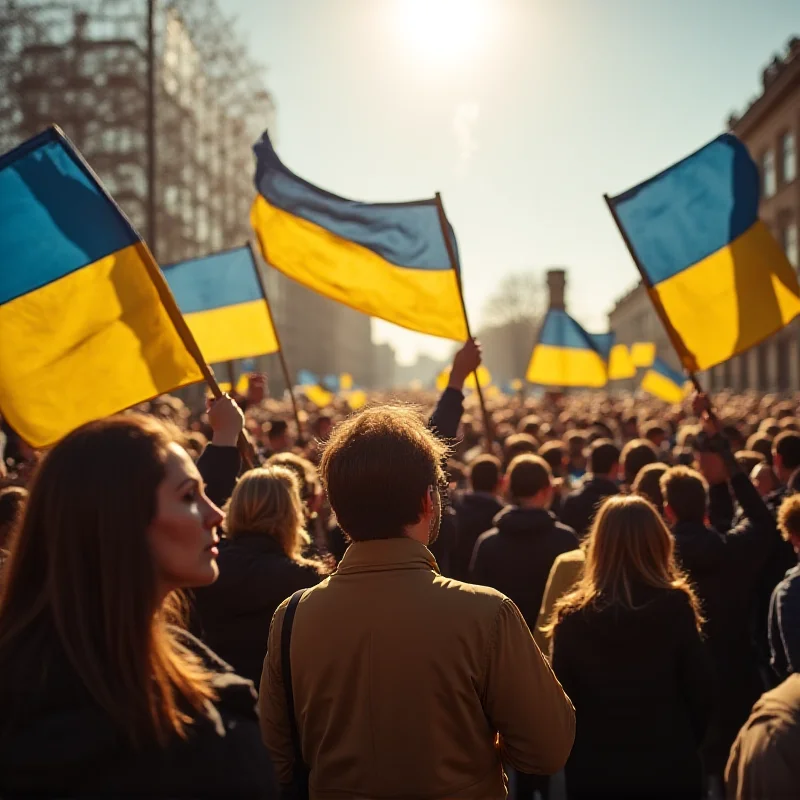 A protest in support of Ukraine with Czech and Ukrainian flags waving