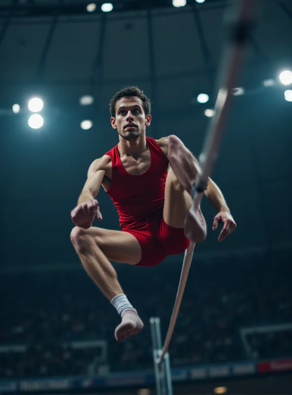 Close-up of a pole vaulter in action during an indoor competition
