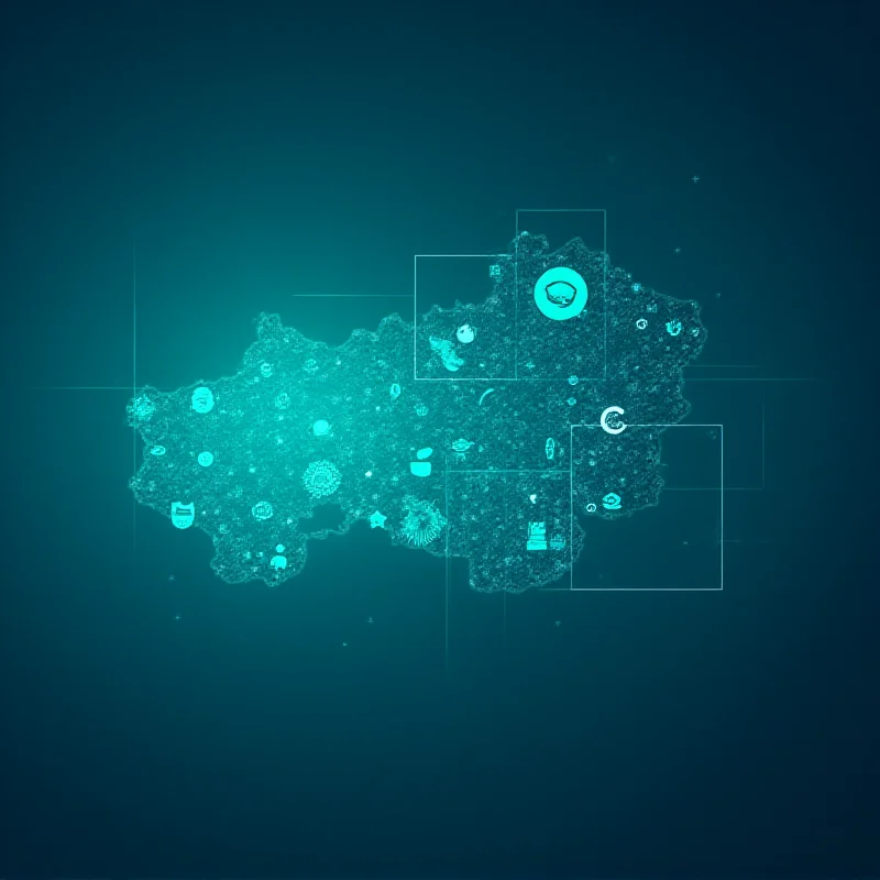 An abstract image representing the digitalization of healthcare, incorporating elements like data streams, medical symbols, and a stylized map of the Czech Republic.