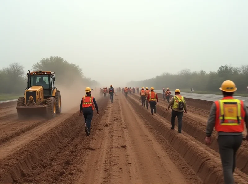 Construction workers operating heavy machinery on a highway construction site.