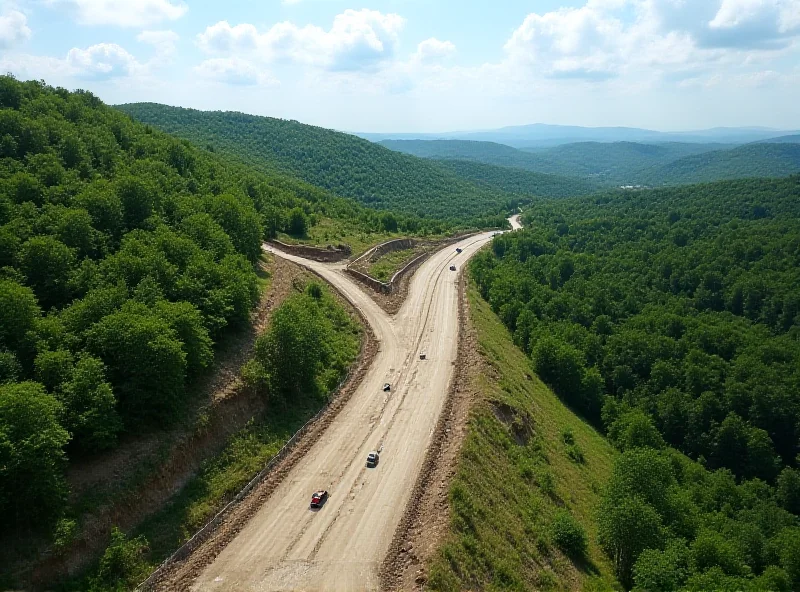 Aerial view of the D3 highway under construction with green hills and forests in the background.