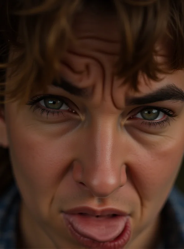 Close up of a person blinking with a concerned expression.