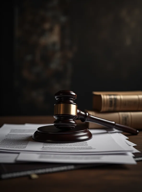 A somber scene depicting a courtroom with a gavel and legal documents