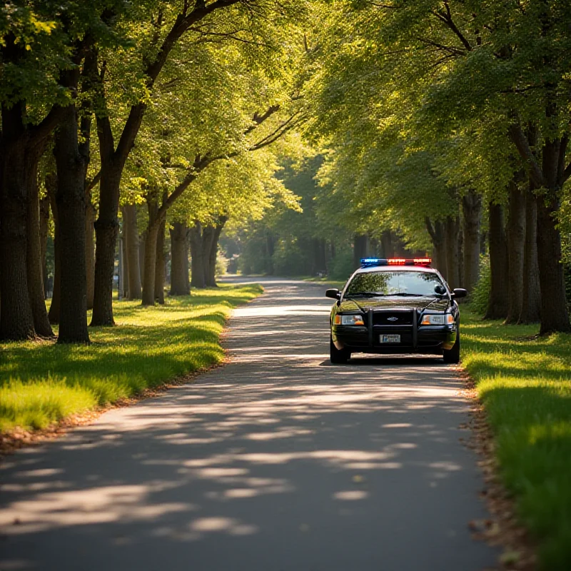 A police car parked near a bike path in a park setting