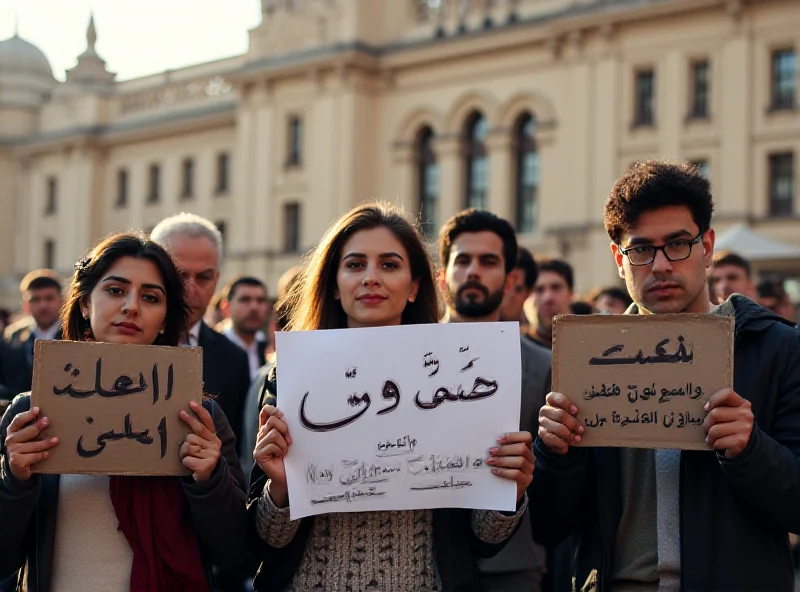 A group of students standing together holding signs at a protest. The signs are in Arabic. The background shows a building that could be a university or other institution of higher education.
