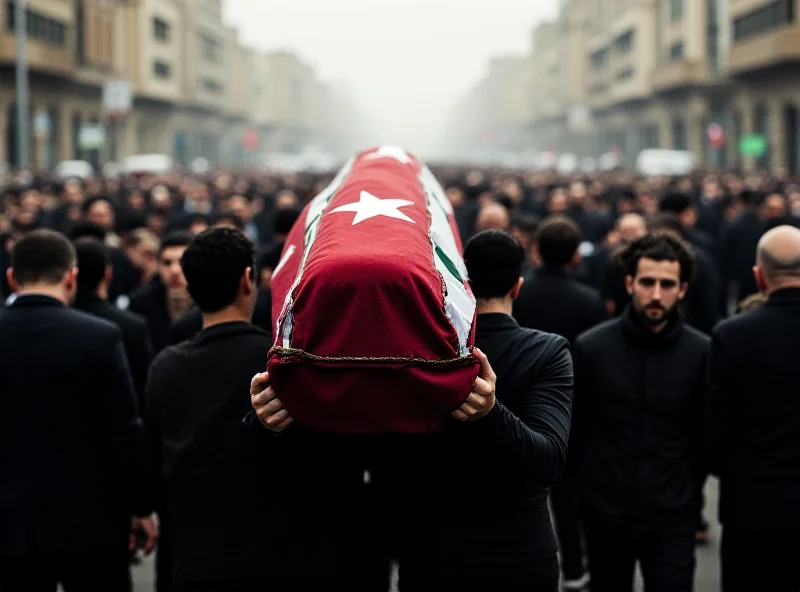 A somber scene depicting a funeral procession. People are carrying a coffin draped in a Syrian flag. The background shows a cityscape of Damascus.