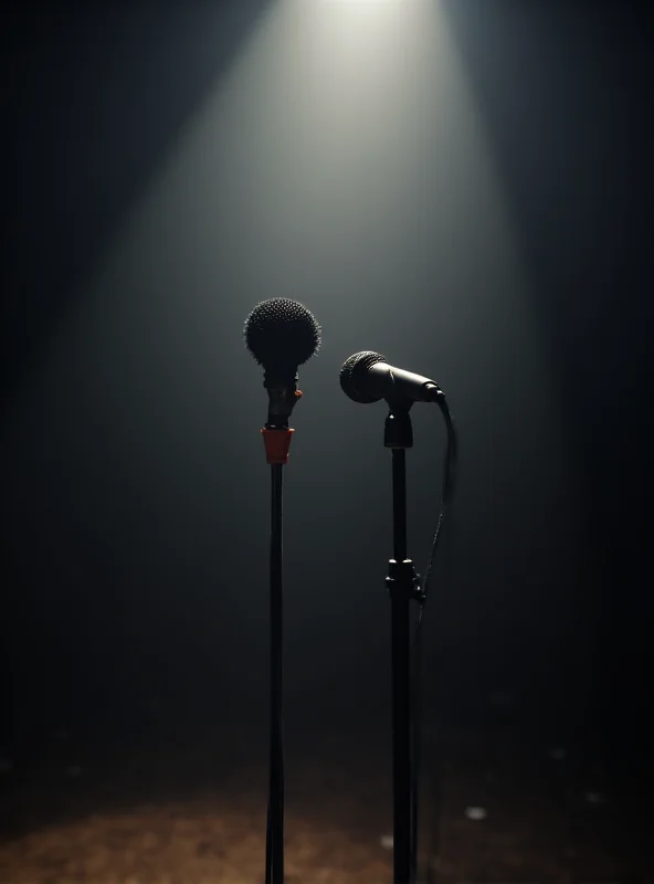 A close-up photo of a microphone on a stage, with a single spotlight shining on it. The background is blurred, suggesting an empty concert hall. This represents the absence of Sada Hawran's voice.