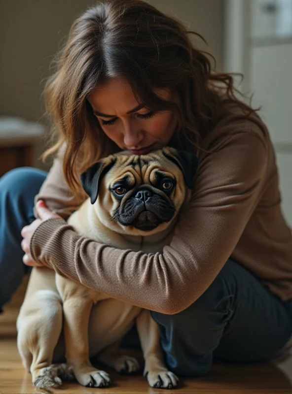 Distressed woman sitting on the floor, hugging a small pug dog, both looking fearful and vulnerable, with a blurred background suggesting a domestic setting.