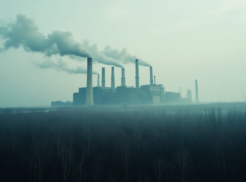 A vast power plant with smoke billowing from its chimneys, set against a backdrop of a decimated forest, highlighting the environmental impact of unsustainable energy practices.