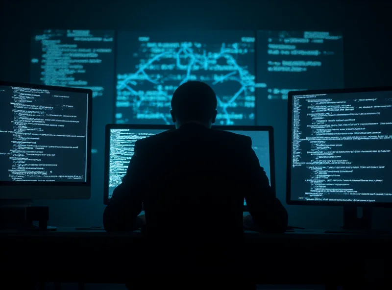 A shadowy figure sits at a computer, surrounded by glowing screens displaying lines of code and data streams, symbolizing the anonymity and hidden nature of the dark web.