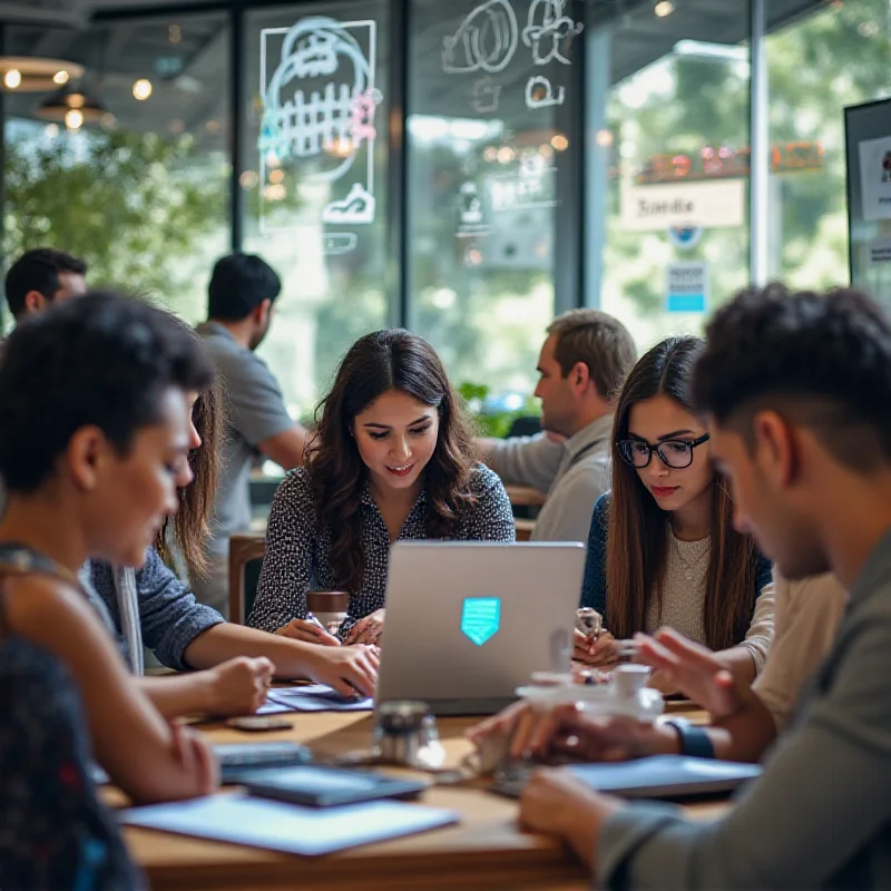 A diverse group of people using various digital devices (laptops, smartphones, tablets) with overlaid security icons (padlocks, shields), representing the need for digital safety awareness and protection in everyday online activities.