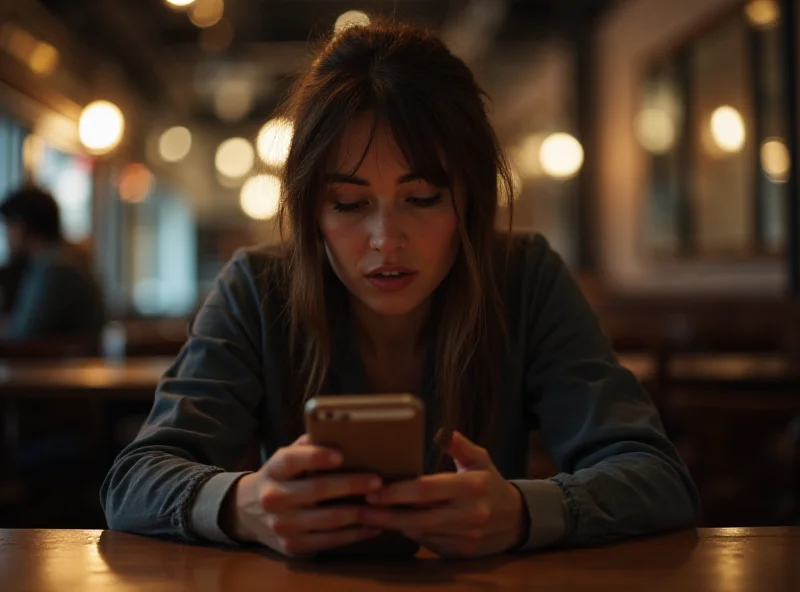 A woman looking anxiously at her phone while sitting alone in a dimly lit cafe.